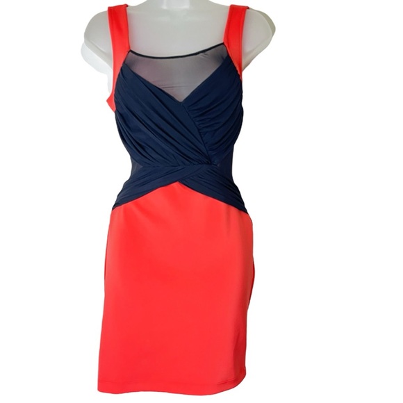 2b Bebe Bodycon Gia Mesh Front Cross Mini Dress Red Black Cocktail Party Y2K - Picture 3 of 16